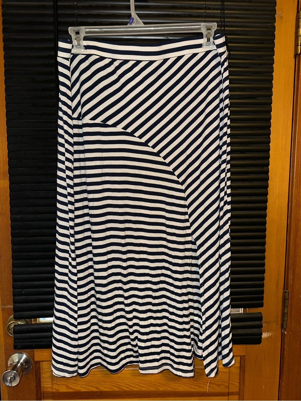 Time and Tru striped knit maxi skirt featuring a prominent front-left leg slit